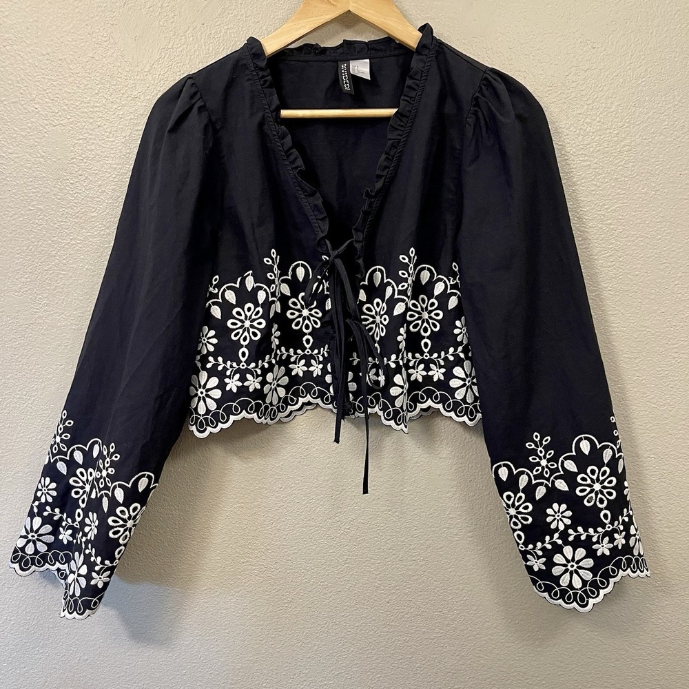 Divided Floral Embroidery Crop Top Front Tie Bolero Jacket Cotton Dark Boho Sz S